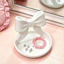 1pc Cute Ruffled Bow Jewelry Tray, Accessory Dish For Home Decor, Desk, Office, Theme Party, Cosmetic Display, Ring & Necklace Storage, Key & Small Item Organizer, Gifts For Girlfriend, Soft Satin Bow Ceramic Trinket Dish, Ins Style - Multicolor - View 7