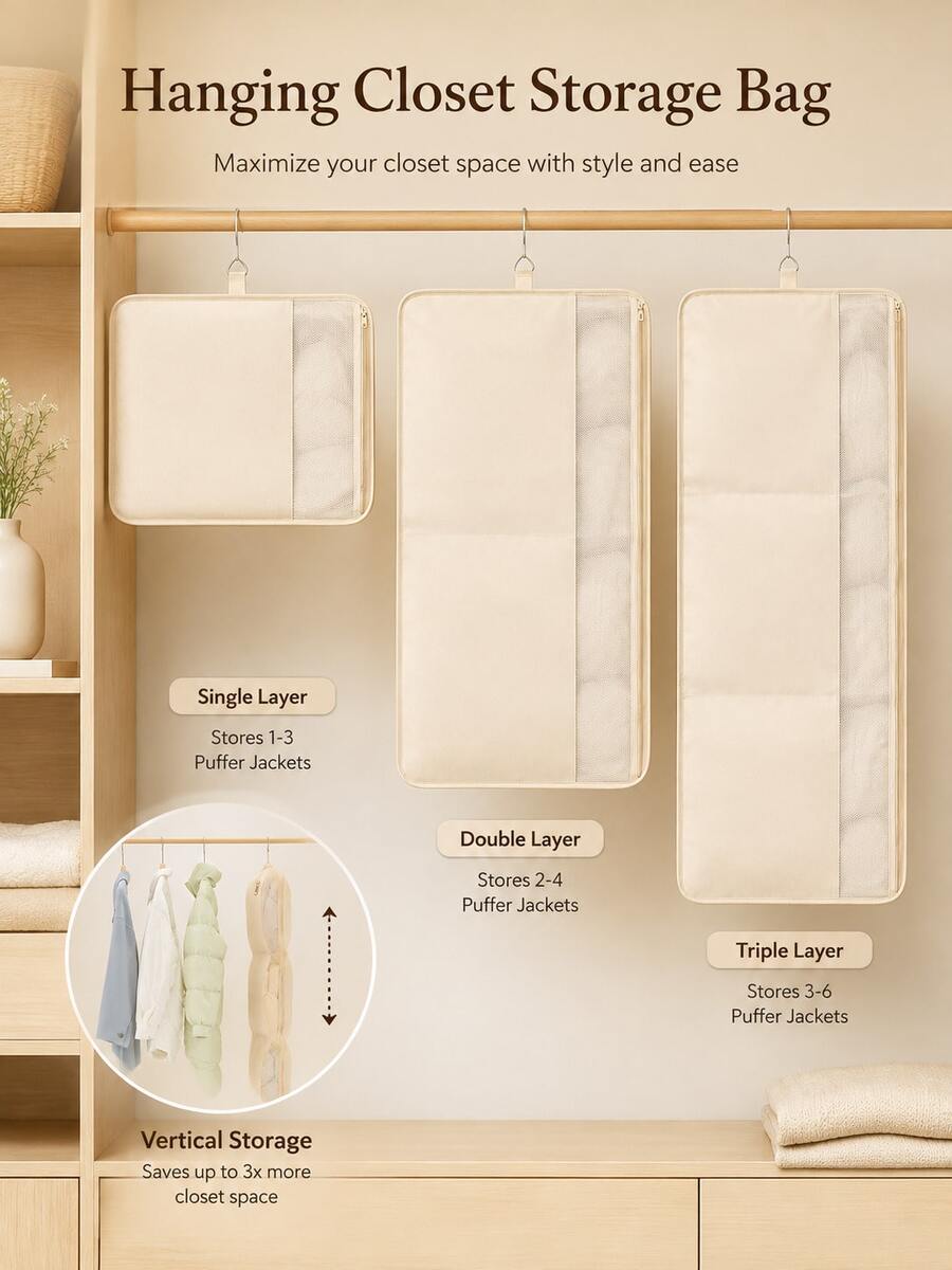 Hanging Compression Storage Bag, Specially Designed For Down Jackets; Wall-Mounted Mesh Storage Bag, Suitable For Coats And Padded Jackets And Other Heavy Clothing; Suitable For Folding Storage Of Suits And Trousers, Saving Closet Space