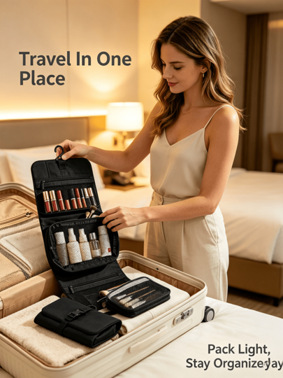 3-In-1 Portable Hanging Makeup Bag, Foldable Compartment Storage Travel Toiletry Bag, Waterproof Large Capacity Organizer
