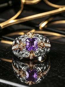 Vintage Dual-Tone Hollow Twisted Carved Amethyst Couple Rings For Women And Men, Synthetic Zirconia Niche Design Index Finger Ring, Gift Jewelry - White Purple - View 2