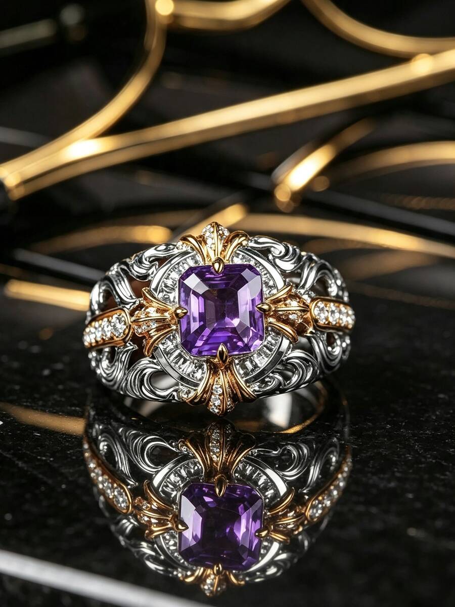Vintage Dual-Tone Hollow Twisted Carved Amethyst Couple Rings For Women And Men, Synthetic Zirconia Niche Design Index Finger Ring, Gift Jewelry - White Purple - View 1