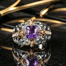 Vintage Dual-Tone Hollow Twisted Carved Amethyst Couple Rings For Women And Men, Synthetic Zirconia Niche Design Index Finger Ring, Gift Jewelry - White Purple - View 10