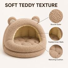Brown Bear Ear Semi-Enclosed Pet Bed, Soft Teddy Fleece Texture Cat Cave Bed With Cushion, Suitable For Cats And Small Dogs Indoor Autumn/Winter Pet Bed, S/M/L 3 Sizes - Brown - View 4