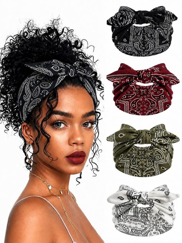 Women's Paisley Vintage Printed Headband Set (4 Packs) - Wide Rabbit Ear Bow Headband, Soft Elastic Twist Headband,