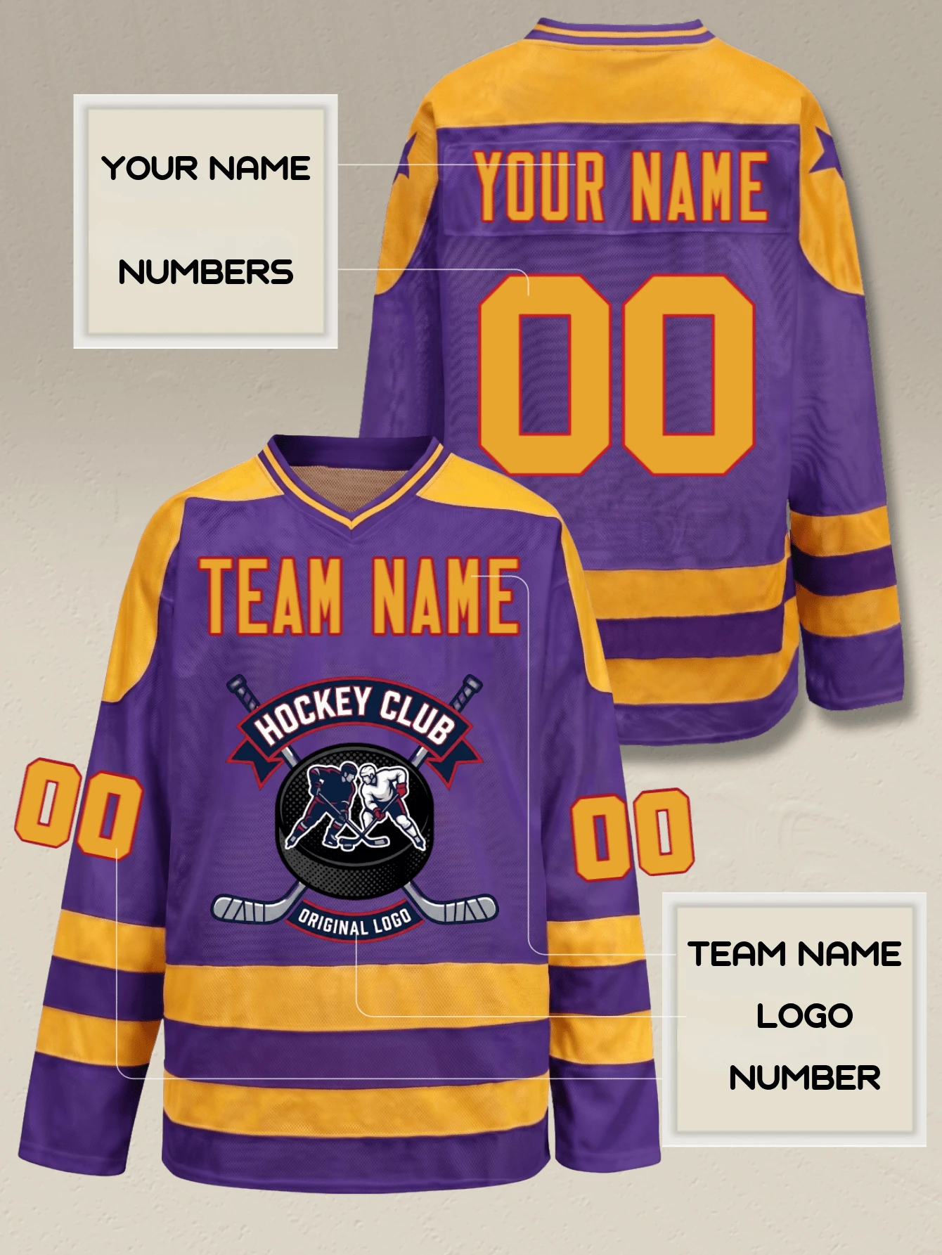 Custom Men Ice Hockey Jersey Personalized Team Logo Name & Number Long Sleeve Purple Gold Striped Sportswear - Purple - View 1