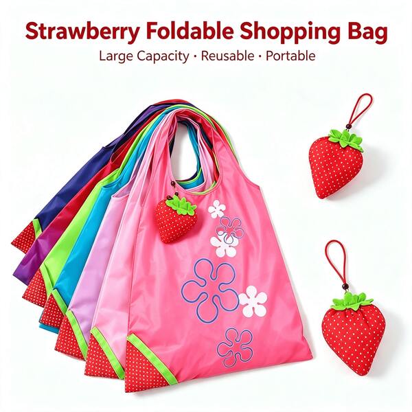 1/2/3 Pcs Creative Strawberry Shaped Foldable Handbag With Fruit Style, Reusable Shopping Shoulder Bag, Lightweight And Large Capacity For Travel, Commuting, Kitchen Storage, Daily Shopping, Gift Packaging, And Multi-Purpose Bag