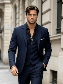 Men's Navy Blue 3 Piece Suit Slim Fit Business Blazer Vest Pants For July 4th Wedding Guest Party Groom Business Casual Tuxedo - 藏蓝色 - 查看 1