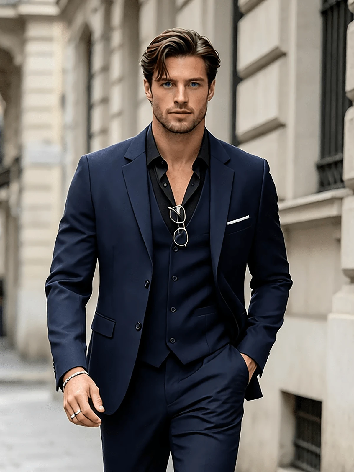 Men's Navy Blue 3 Piece Suit Slim Fit Business Blazer Vest Pants For July 4th Wedding Guest Party Groom Business Casual Tuxedo - 藏蓝色 - 查看 1