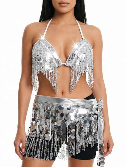 Top de baile triángulo con cuello halter y flecos de lentejuelas, pañuelo de cadera envolvente con lentejuelas y lentejuelas, atuendo para danza del vientre, escenario, rave y fiesta, disponible en multicolor