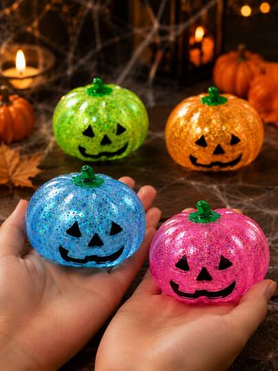 OBOVAY Juguete Squishy de Calabaza de Halloween, Juguete de Alivio de Estrés con Forma de Calabaza Transparente Multicolor con Brillo, Diseño de Linterna con Cara de Fantasma 3D, Azul, Rosa, Verde, Naranja y Otros Colores Mezclados Aleatoriamente, Suave y Elástico, Se Puede Apretar, Presionar y Jugar Repetidamente, Tacto Delicado, Adecuado para el Alivio del Estrés Diario, Relajación de Dedos, Alivio del Aburrimiento, Funciona como Decoración de Escritorio, Decoración Festiva y Juguete Interactivo