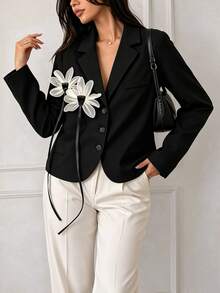 Women's Spring/Autumn Office Daily High-Quality Lined Design-Driven 3D Applique Decor Short Single-Breasted Long Sleeve Blazer - Black - View 2