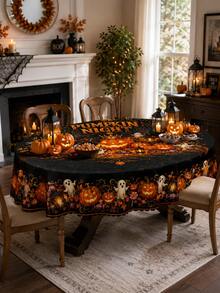 Black And Orange Pumpkin-Themed Halloween Tablecloth – Rectangular Table Cover Featuring Jack-O'-Lanterns, Ghosts, And Autumn Leaves – Ideal For Dining Table Decor, Halloween Parties, Fall Harvest Themes, And Home Kitchen Styling - Multicolor - View 12