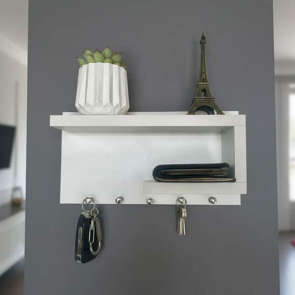 Porta Chaves Compacto Branco de parede em MDF com Prateleira Organizador de Parede Decoração 25cm