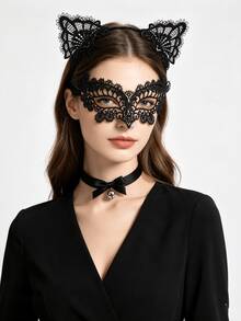 3pcs Black Lace Cat Costume Accessory Set, Includes Lace Cat Ear Headband, Masquerade Eye Mask And Bell Collar, Women's Halloween Cosplay Costume Props, Suitable For Costume Party - Black - View 5