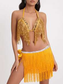 Sequin Draped Fringe Halter Top Rhinestone Waistband Multi‑Layer Fringe Slit Dance Hip Scarf Party Performance Outfit (Multiple Colors Available) - Multicolor - View 8