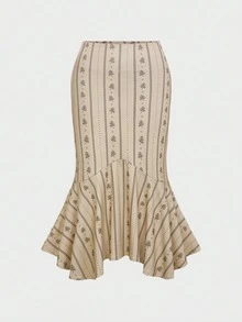 Women Casual Striped Midi Skirt Mermaid Hem For Fall Winter Travel Going Out Dating - Beige - View 7
