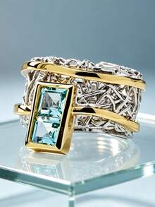 1pc Luxury Dual-Tone 14K Gold Plated Aquamarine Couple Ring, Geometric Rectangular Wide Band Index Finger Ring For Women And Men, Party Gift Jewelry - White and Yellow - View 3