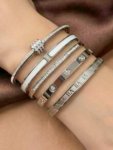 5/1 Pc New Stainless Steel Bracelet Set, Waterproof & Fade-Resistant, Multi-Style Design (Roman Numerals, Four-Leaf Clover, Rhinestone, Etc.), Versatile Commuter Luxury Accessory, Layering Essential, Hypoallergenic, Unique Design, Holiday Gift - Silver - View 4