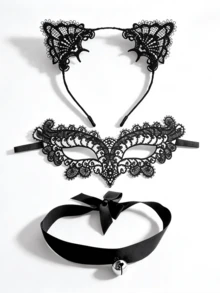 3pcs Black Lace Cat Costume Accessory Set, Includes Lace Cat Ear Headband, Masquerade Eye Mask And Bell Collar, Women's Halloween Cosplay Costume Props, Suitable For Costume Party - Black - View 1