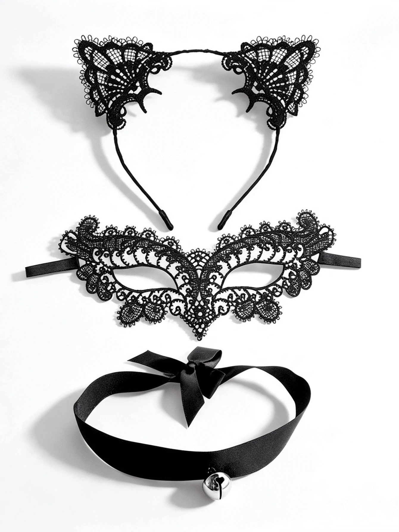 3pcs Black Lace Cat Costume Accessory Set, Includes Lace Cat Ear Headband, Masquerade Eye Mask And Bell Collar, Women's Halloween Cosplay Costume Props, Suitable For Costume Party - Black - View 1