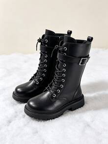 Girls' Mid-Calf Boots With Belt Buckle Decor, Lace-Up Side Zipper Thick Sole Autumn/Winter Boots - Black - View 1