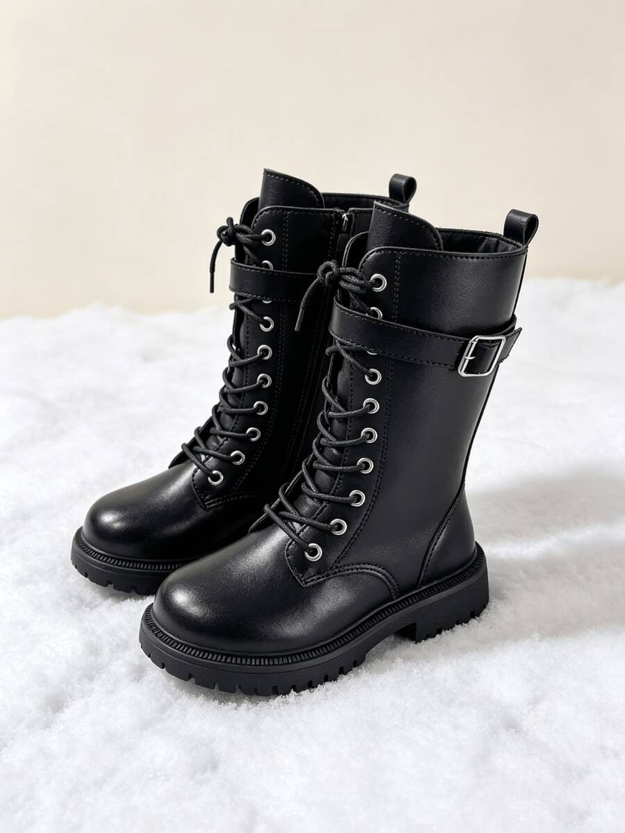 Girls' Mid-Calf Boots With Belt Buckle Decor, Lace-Up Side Zipper Thick Sole Autumn/Winter Boots - Black - View 1