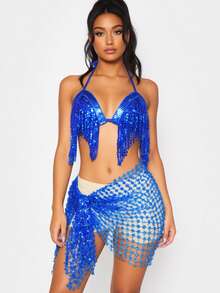 Coin Tassel Halter Top, Mesh Sequin Wrap Hip Scarf, Exotic Style Party Performance Outfit (Multiple Colors Available) - Multicolor - View 14