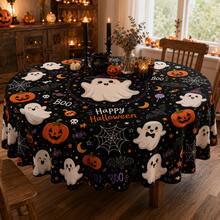 1件裝黑色萬聖節圓形桌布，可愛幽靈南瓜燈籠蝙蝠蜘蛛網 Happy Halloween 印花桌布，萬聖節派對餐桌裝飾 - 彩色 - 查看 3