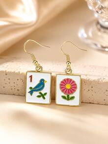 1 Pair Fashionable Fun Personalized Oil Drop Mahjong Dangle Earrings For Women, Bird And Flower Design, Suitable For Daily Commute And Party Wear, Game Party Themed Ear Jewelry - Gold - View 3