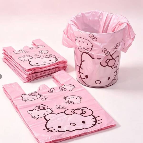 50/1pc Sanrio Hello Kitty Pattern Multi-Function Trash Bags, PET Material, Large, Medium, Small Sizes Available, Suitable For Living Room, Bedroom, Bathroom And Kitchen, Also Can Be Used As Gift Bags Or Storage Bags (Mixed Set Randomly Sent)