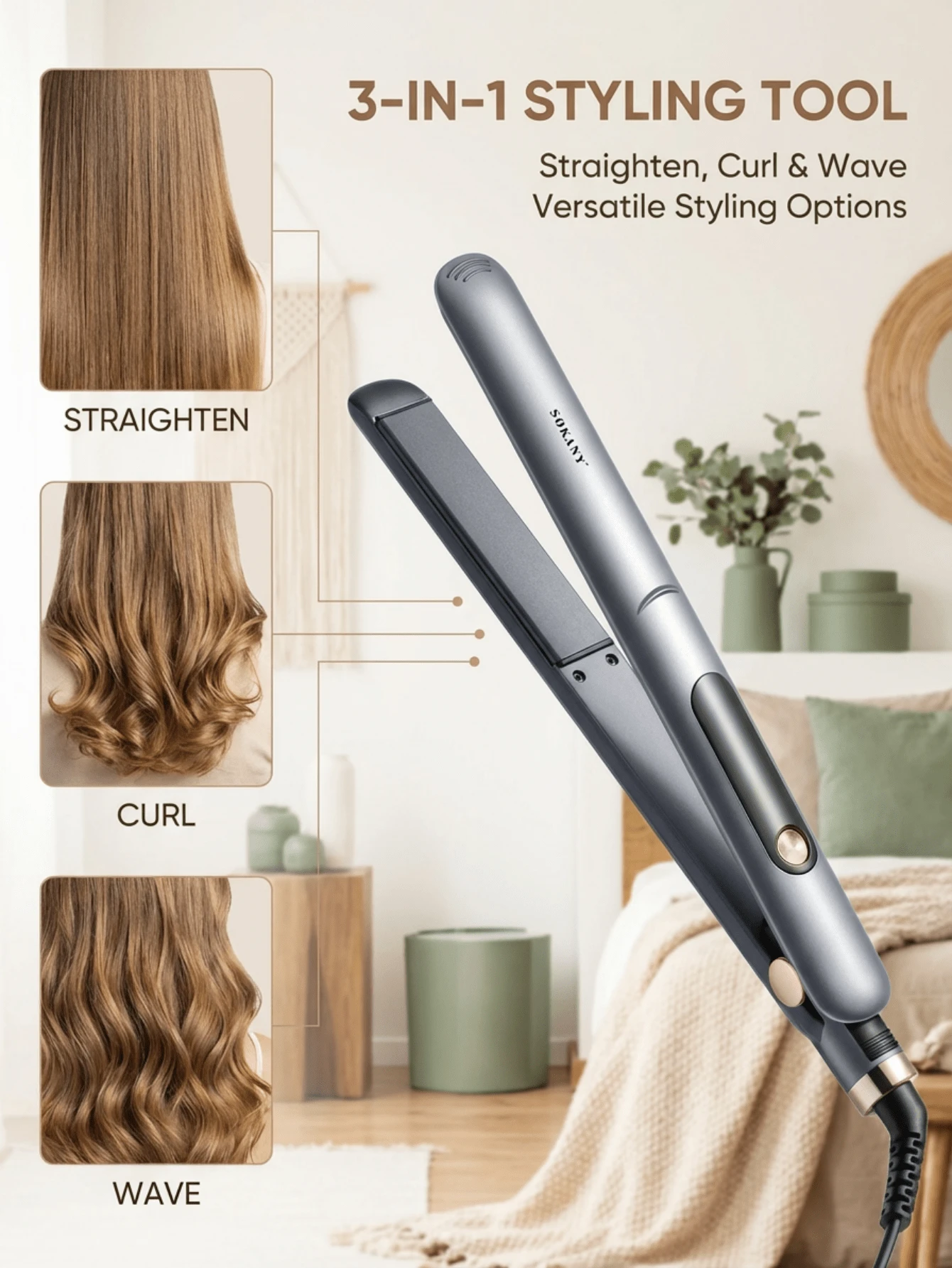 SOKANY-1924 Pelurus & Pengeriting Rambut 3-in-1 Basah & Kering, Alat Penata Rambut Catokan Keramik, Penjepit Pelurus & Pengeriting Rambut Suhu Dapat Disesuaikan untuk Penggunaan di Rumah dan Salon - Steker Tipe AS A (110-127V) - View 1