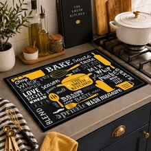 1pc Black Background Yellow & White Kitchen Utensil Letter Pattern Dish Drying Mat, Vintage American Kitchen Style, Absorbent Fabric, Rectangular Edged Design, Water-Absorbent Stain-Resistant Heat-Insulating Countertop Protection, Suitable For Kitchen Sink, Coffee Machine, Dish Drying, Baking Countertop, Daily Home Decor, All Seasons - Multicolor - View 2