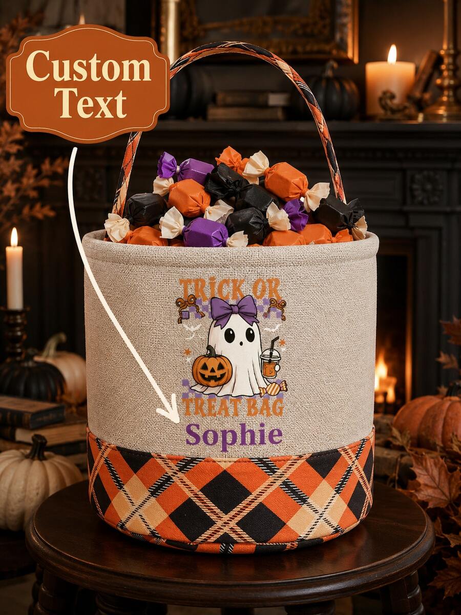 Customizable Personalized Halloween Trick Or Treat Bags - Featuring Self-Defined Names With Adorable, Pumpkin, And Bat Designs, Perfect For Halloween Parties, Events, And Holiday Celebrations, Halloween Decoration Storage, Prank Designs - Multicolor - View 1