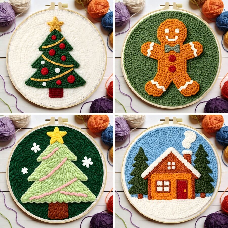 1pc DIY Punch Needle Kits For Beginners Christmas Theme With Hoop Embroidery Punch Needle Starter Craft Set Easy For Adults Festival Gift And Decoration