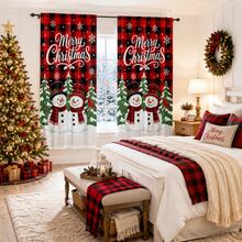 2 Pieces Of "Merry Christmas" Text, Red And Black Buffalo Check Christmas Printed Semi-Transparent Curtains, Pole Bag Curtains, Suitable For Living Room, Bedroom And Home Decoration, Machine Washable, Hookless - Multicolor - View 5