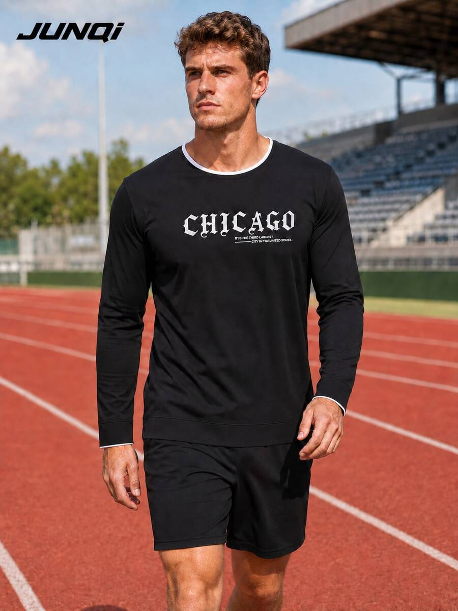 JUNQi Minimalist Fashion Men's Casual Chicago Letter Print Long Sleeve Sweatshirt, Spring/Autumn Style, Polyester Fiber, Breathable And Moisture-Wicking - Black - View 1