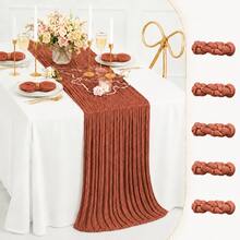 12pcs Clay Color Gauze Table Runner, 35*120 Inch Sheer Table Runner, Semi-Transparent Pleated Bohemian Country Style Table Runner, Suitable For Wedding Party, Baby Shower, Birthday, Bridal Shower, Thanksgiving, Friendsgiving, Engagement Party, Home Decor - Rust Red - View 11