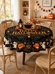 「Spooky Pumpkin」黑色萬聖節桌布，復古幻想風，印有南瓜燈籠、鬼屋與糖果圖案，適合萬聖節派對、秋季居家裝飾及廚房餐桌使用 - 彩色 - 查看 4