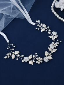 Pearl Flower Leaf Bridal Hair Vine, Gold/Silver Rhinestone Wedding Headband With Ribbon, Bohemian Style Bridesmaid Prom Party Hair Accessory - Multicolor - View 11