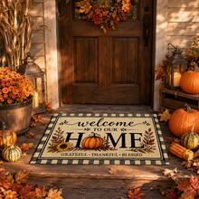 1pc Beige Pumpkin Sunflower Maple Leaf English Slogan Pattern Kitchen Mat, Autumn Rustic Farmhouse Style, Non-Slip Wear-Resistant Design, Suitable For Autumn, Thanksgiving, Harvest Celebration, Kitchen, Entryway And Home Decor - Multicolor - View 3
