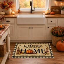 1pc Beige Pumpkin Sunflower Maple Leaf English Slogan Pattern Kitchen Mat, Autumn Rustic Farmhouse Style, Non-Slip Wear-Resistant Design, Suitable For Autumn, Thanksgiving, Harvest Celebration, Kitchen, Entryway And Home Decor - Multicolor - View 5