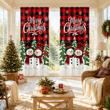 2 Pieces Of "Merry Christmas" Text, Red And Black Buffalo Check Christmas Printed Semi-Transparent Curtains, Pole Bag Curtains, Suitable For Living Room, Bedroom And Home Decoration, Machine Washable, Hookless - Multicolor - View 6
