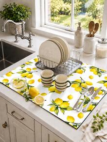 1pc Yellow Lemon & Green Leaf Pattern Absorbent Table Mat, Fresh Pastoral Style, Water-Absorbent Fabric, Rectangular Edged Design, Stain-Resistant & Heat-Insulating Countertop Protector, Suitable For Kitchen Sink, Dish Drying, Daily Home Decor - Multicolor - View 2