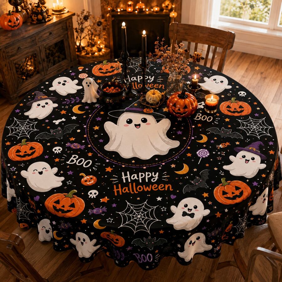 1件裝黑色萬聖節圓形桌布,可愛幽靈南瓜燈籠蝙蝠蜘蛛網 Happy Halloween 印花桌布,萬聖節派對餐桌裝飾 - 彩色 - 查看 1