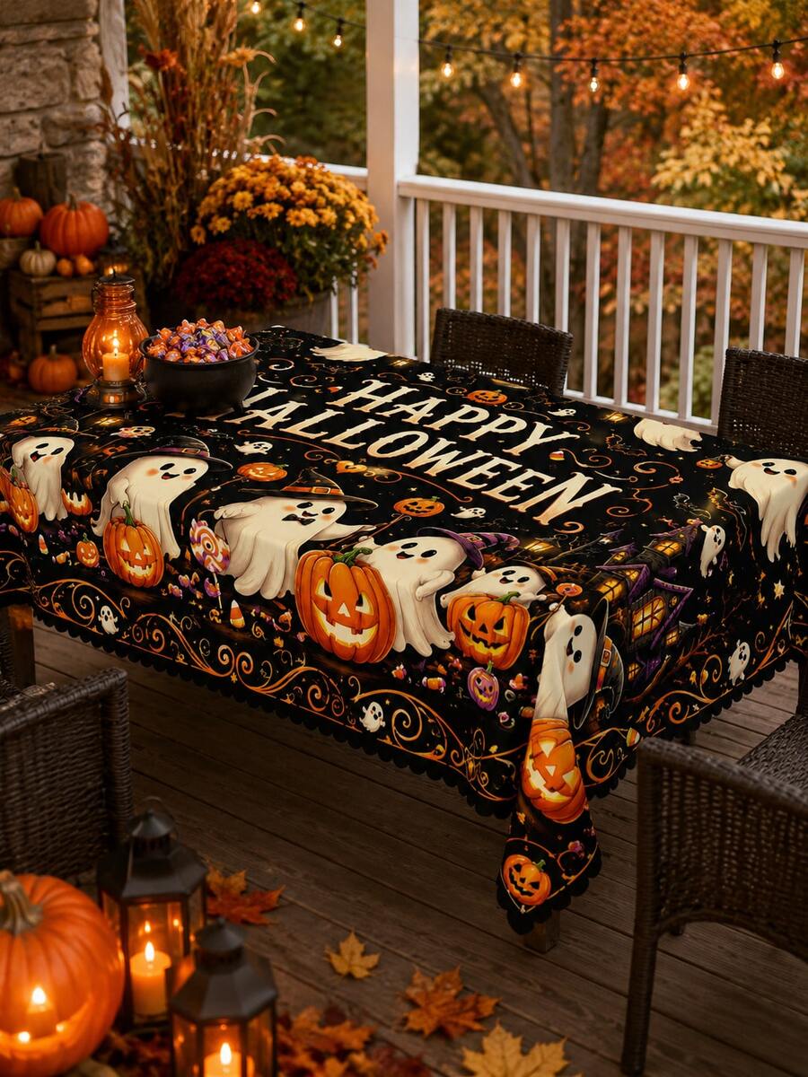 「Spooky Pumpkin」黑色萬聖節桌布,復古幻想風,印有南瓜燈籠、鬼屋與糖果圖案,適合萬聖節派對、秋季居家裝飾及廚房餐桌使用 - 彩色 - 查看 1