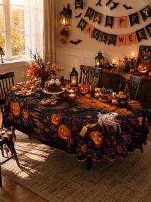This"Happy Halloween" Themed Tablecloth Features Spooky Ghost And Pumpkin Patterns, Creating An Eerie And Mysterious Holiday Atmosphere; It Is Perfect For Decorating Home Kitchens And Dining Areas, And Makes An Ideal Choice For Autumn Holiday Parties - Multicolor - View 9