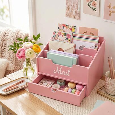 MAYSTAR Desktop Letter Organizer With Drawer, Multi-Compartment Mail Sorter, Desktop Envelope And Document Storage Box For Letters, Office Files, And Mailing Supplies