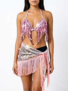 Sequin Fringe Halter Top Sequin Knotted Wrap Fringe Dance Hip Scarf Carnival Party Performance Outfit (Multiple Colors Available) - Multicolor - View 13