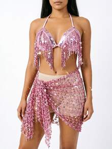 Coin Tassel Halter Top, Mesh Sequin Wrap Hip Scarf, Exotic Style Party Performance Outfit (Multiple Colors Available) - Multicolor - View 3
