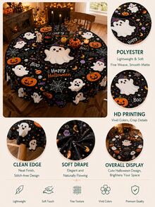 1件裝黑色萬聖節圓形桌布，可愛幽靈南瓜燈籠蝙蝠蜘蛛網 Happy Halloween 印花桌布，萬聖節派對餐桌裝飾 - 彩色 - 查看 4